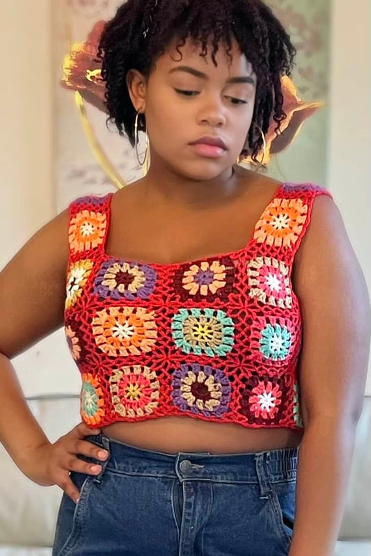 Timing Flower Power Square Neck Crochet Crop Top (Red Multi)