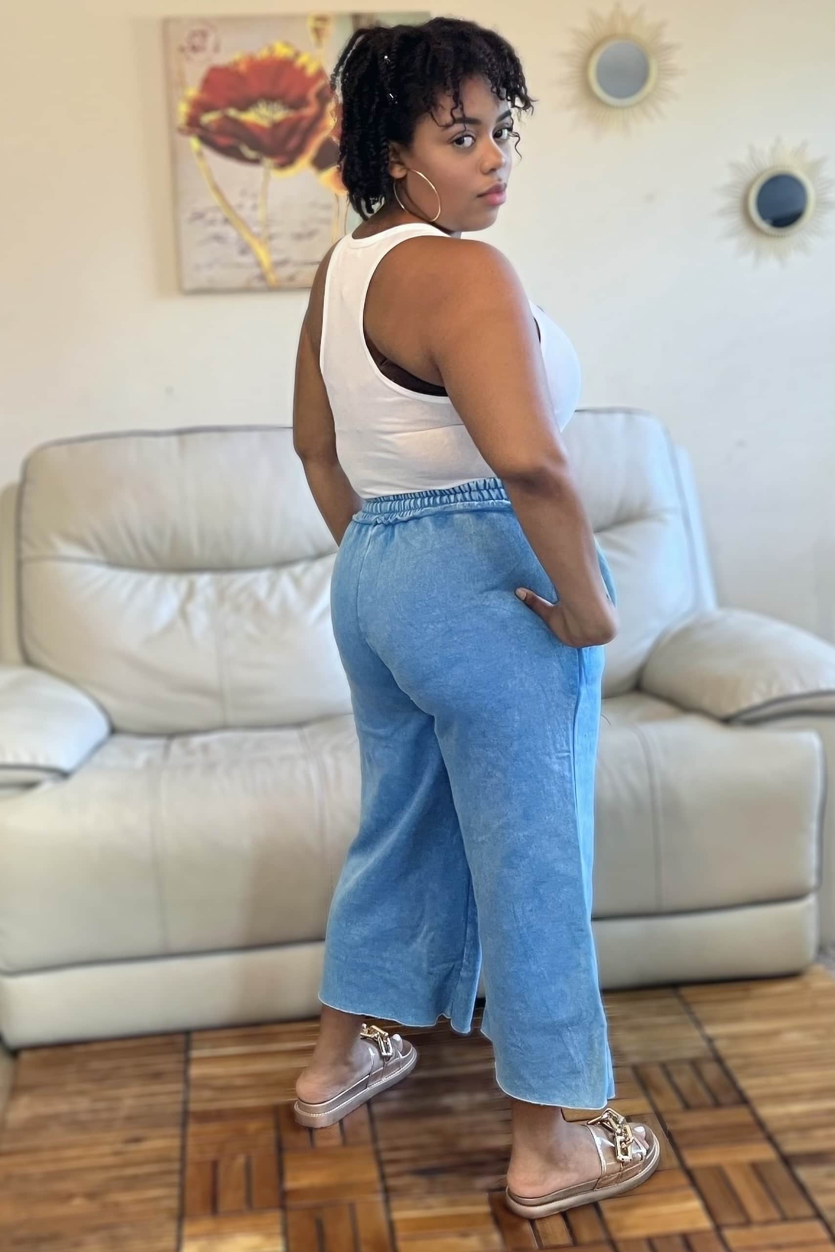 Zenana Bottoms Acid Wash Fleece Palazzo Sweatpants (Deep Sky)