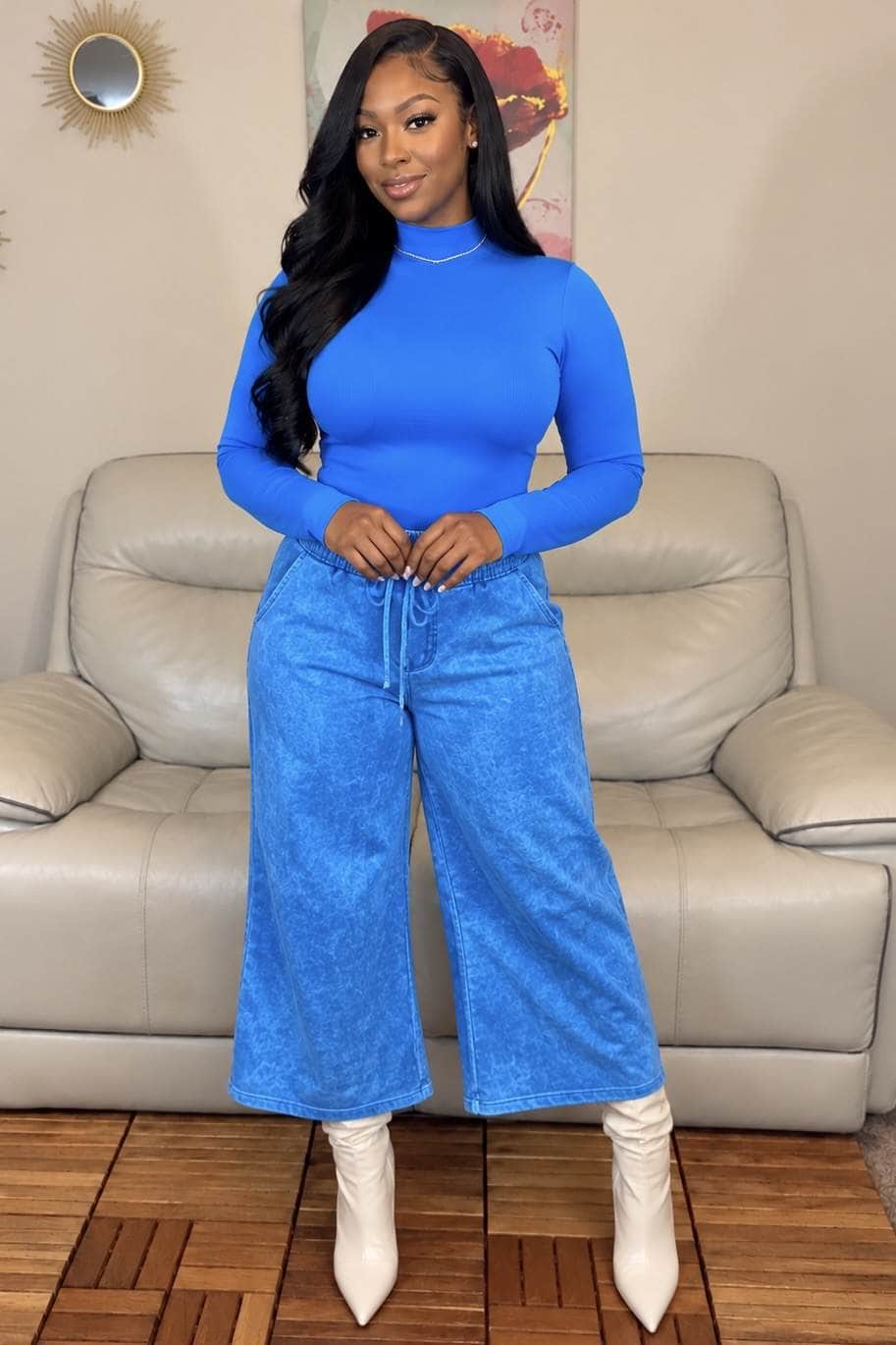 Zenana Bottoms Acid Wash Fleece Palazzo Sweatpants (Deep Sky)