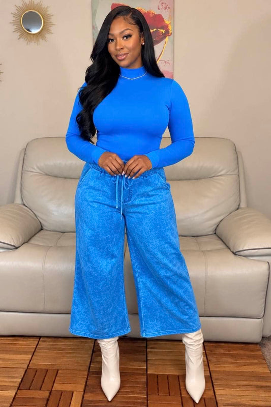 Zenana Bottoms Acid Wash Fleece Palazzo Sweatpants (Deep Sky)