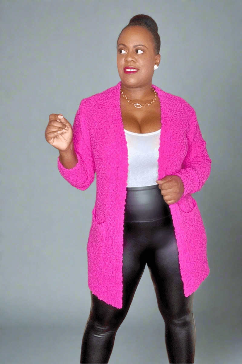 Zenana Cardigan Popcorn Sweater Cardigan (Neon Pink)