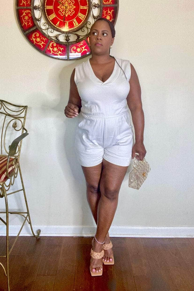 Zenana Jumpsuits & Rompers Let’s Lounge Sleeveless V-neck Romper (Bone)