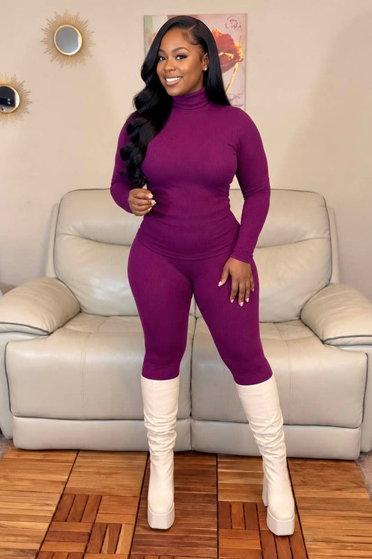 Zenana Outfit Sets Lara Mock Neck Legging Set (Plum)- Final Sale
