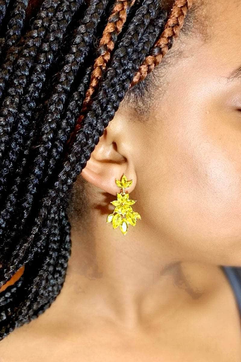 H&D Accessories Earrings Flower Drop Jeweled Earrings (Yellow)