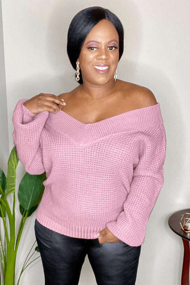 lee monet Double Take Wide V-Neck Waffle Sweater- Lt Rose