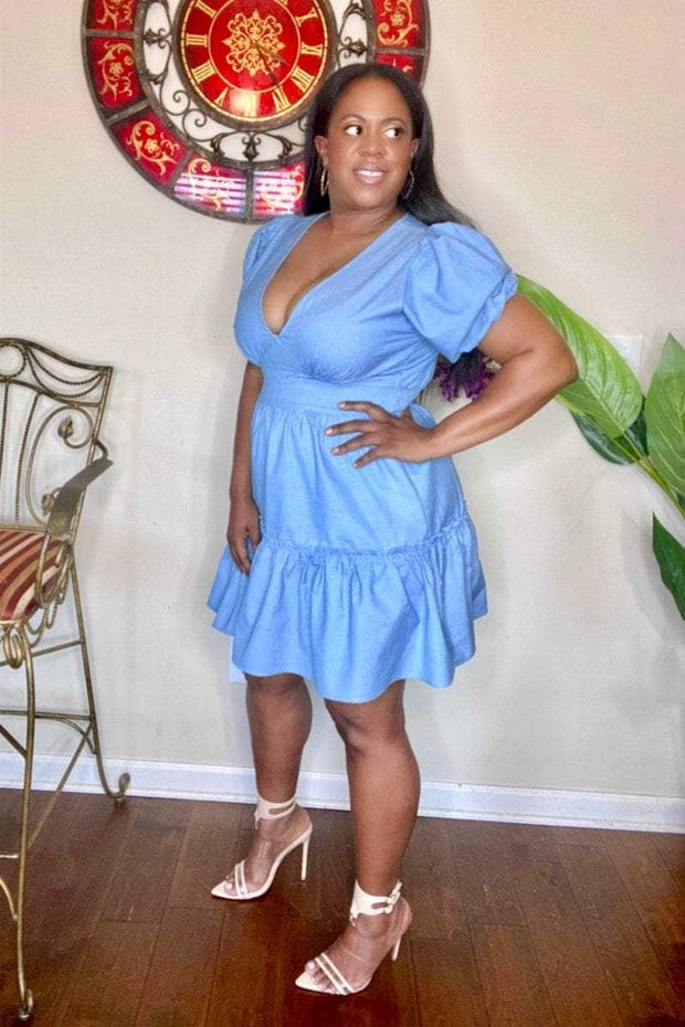 lee monet Dresses Courtney Chambray V-neck Mini Dress