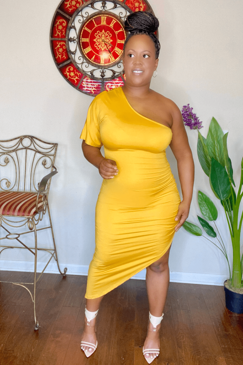 lee monet Dresses Say My Name Ruched Bodycon Dress (Mustard)
