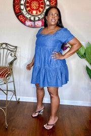lee monet Dresses Short & Sweet Square Neck Denim Mini Dress
