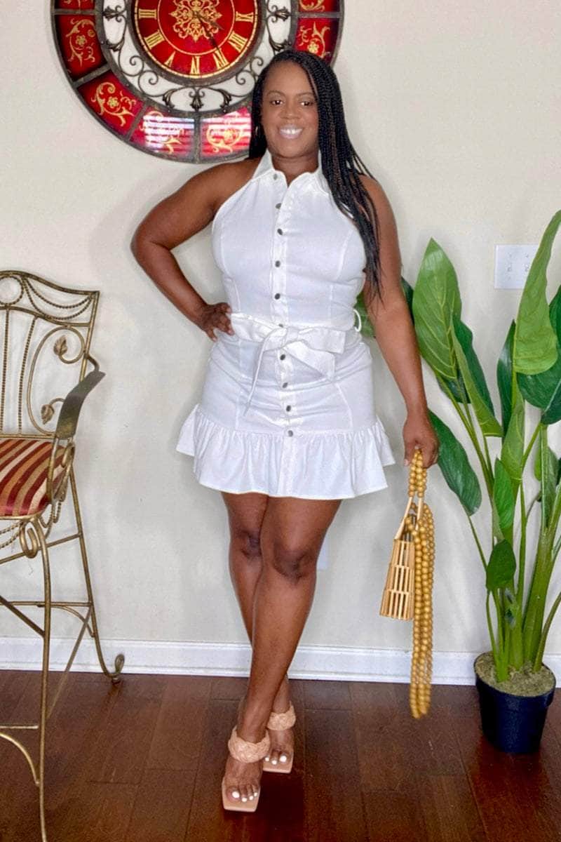 Stretch Denim Halter Mini Dress (White)- Final Sale lee monet Stretch Denim Halter Mini Dress (White)- Final Sale lee monet