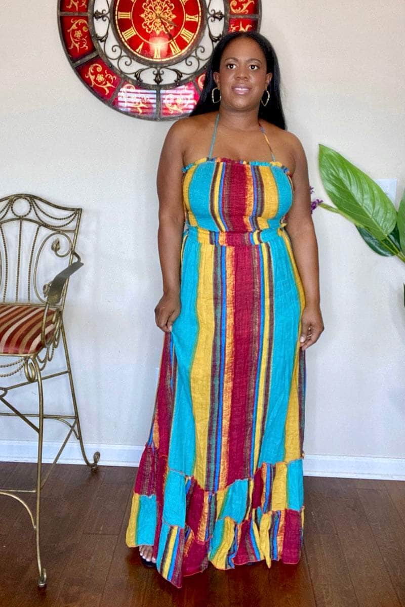lee monet Dresses Tropical Sunset Multi Color Halter Maxi Dress (Teal)