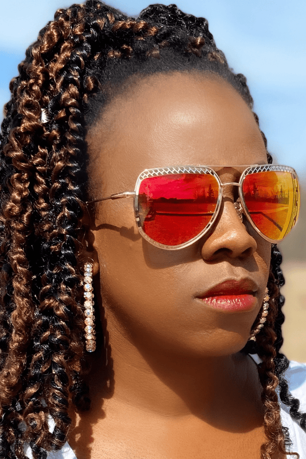 lee monet Gold Frame Cutout Upside Aviator Sunglasses (Orange/Pink/Yellow)