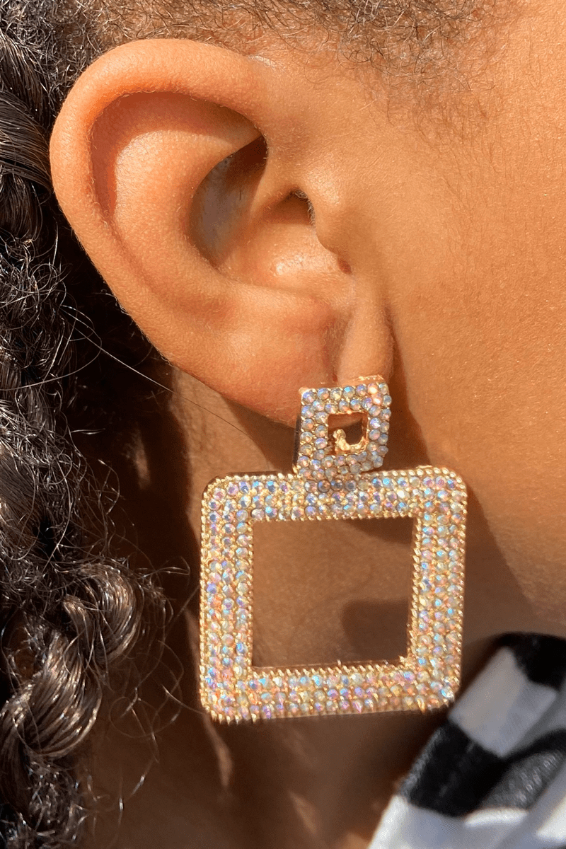 lee monet Gold Open Rectangle Rhinestone Earrings
