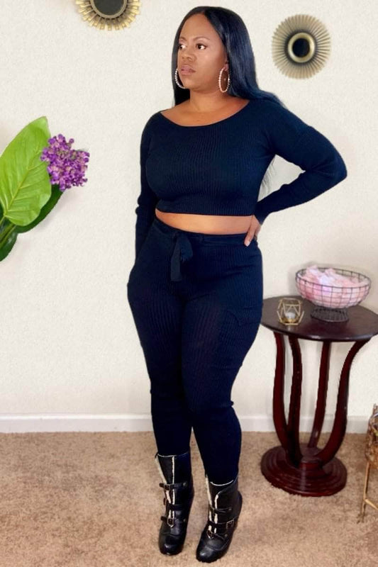 lee monet Janet High Waist Knit Pant Set (Black)