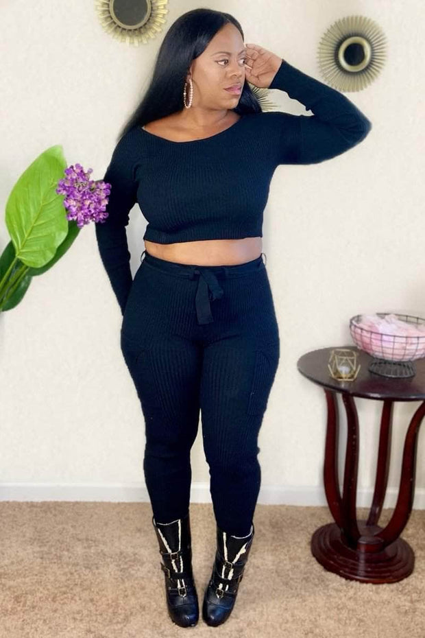 lee monet Janet High Waist Knit Pant Set (Black)