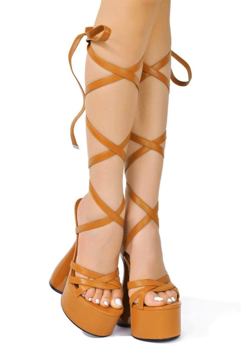 lee monet Julee Chunky Platform Lace Up Sandal (Tan)