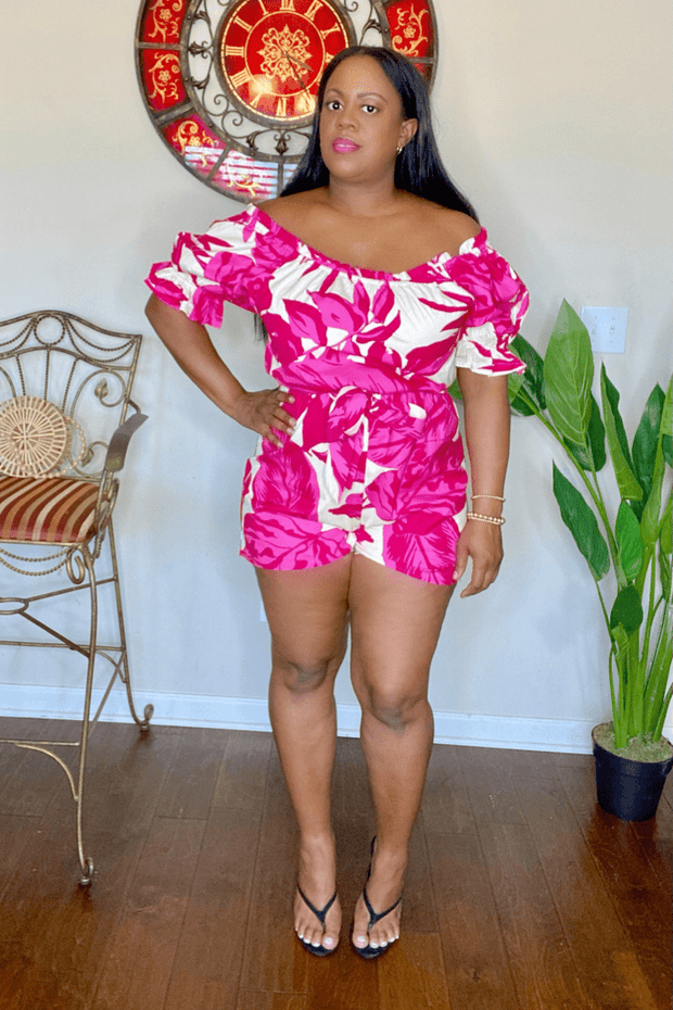 lee monet Jumpsuits & Rompers Cabo Off the Shoulder Woven Romper (Pink/Red)