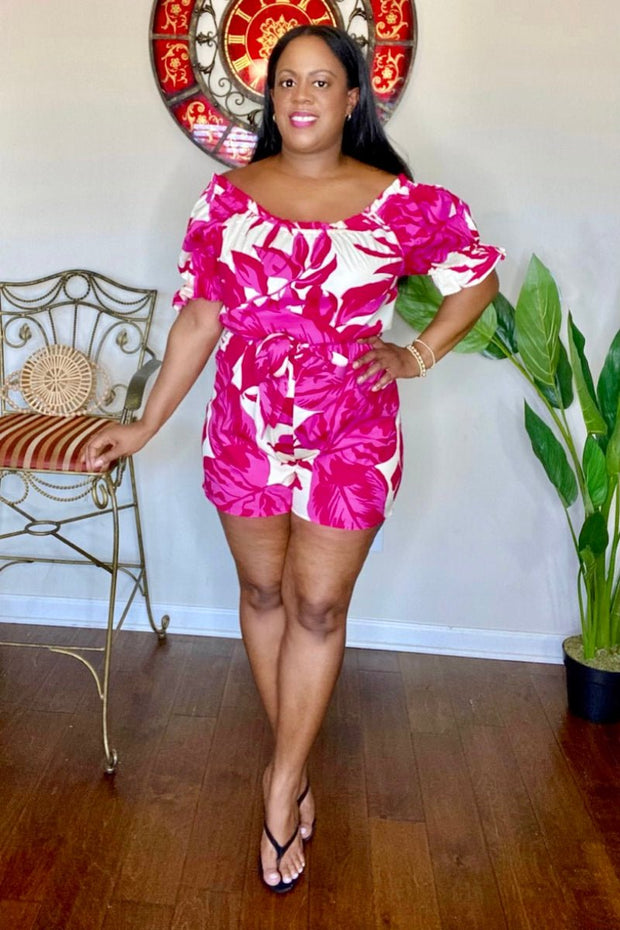 lee monet Jumpsuits & Rompers Cabo Off the Shoulder Woven Romper (Pink/Red)