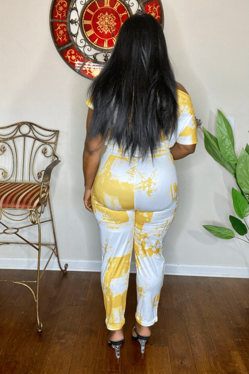 lee monet Jumpsuits & Rompers Jen Off The Shoulder Tie Dye Print Jumpsuit (Mustard)
