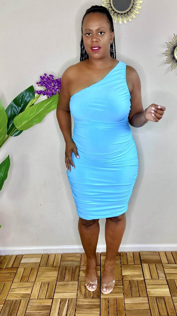 lee monet Leave Him On Read One Shoulder Ruched MIDI Dress (Turquoise)