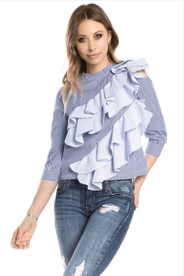 lee monet NEW ARRIVALS Tier Drops Striped Cold Shoulder Ruffle Blouse- Final Sale