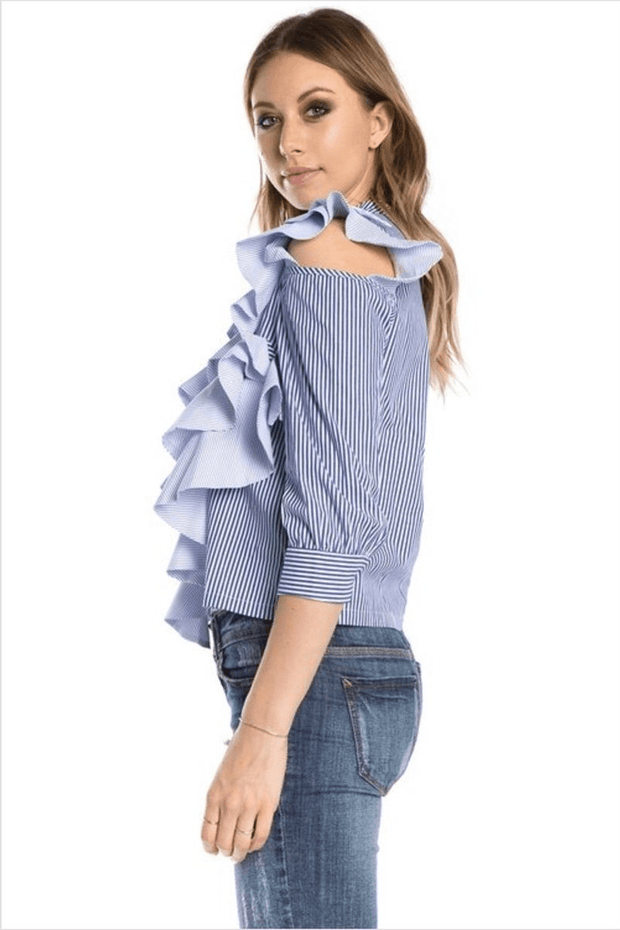 lee monet NEW ARRIVALS Tier Drops Striped Cold Shoulder Ruffle Blouse- Final Sale