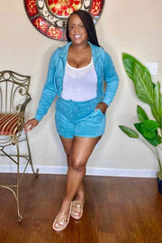 lee monet Outfit Sets Chill Vibes Cropped Hoodie Shorts Set (Dusty Teal)