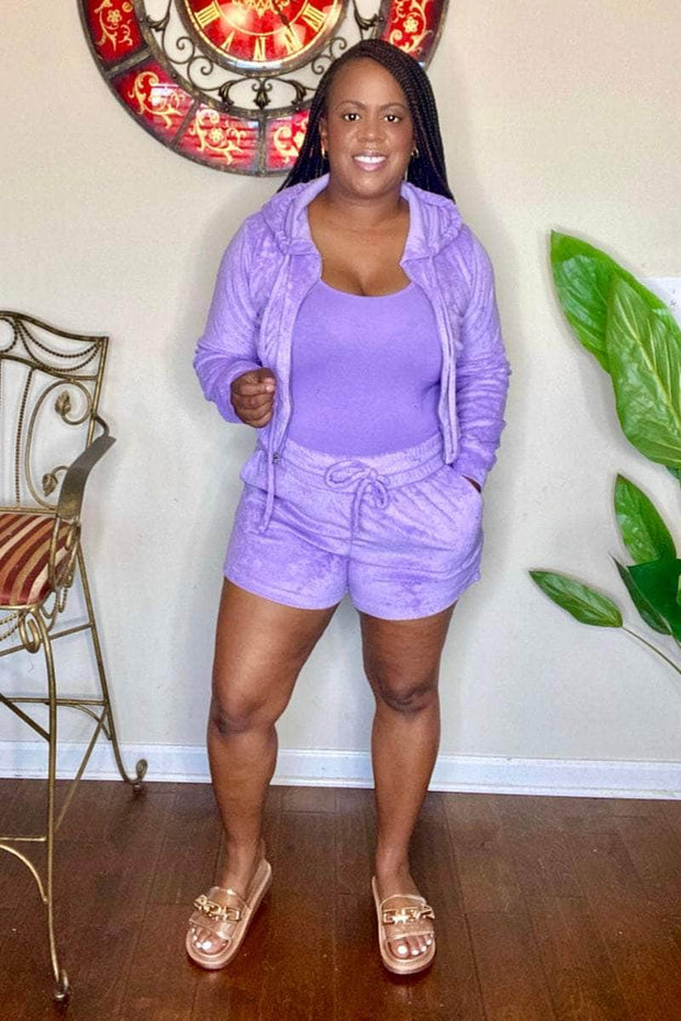 lee monet Outfit Sets Chill Vibes Cropped Hoodie Shorts Set (Lavender)