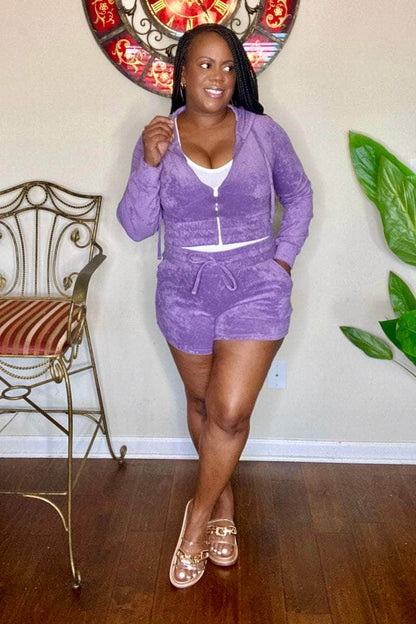 lee monet Outfit Sets Chill Vibes Cropped Hoodie Shorts Set (Lilac Grey)