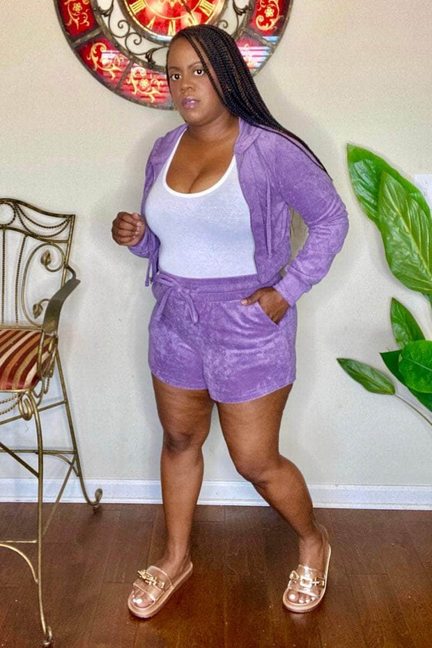 lee monet Outfit Sets Chill Vibes Cropped Hoodie Shorts Set (Lilac Grey)