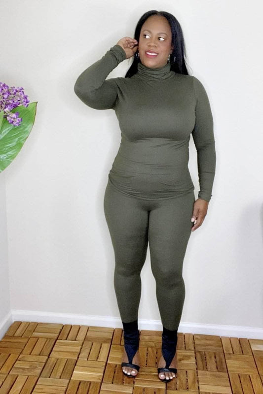 lee monet Outfit Sets Lara Mock Neck Legging Set (Dark Olive)