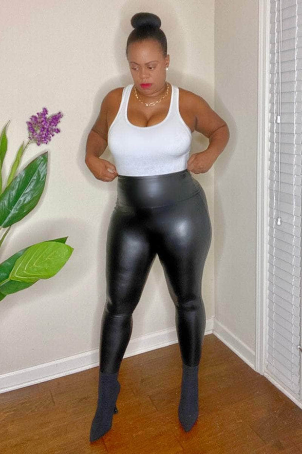 lee monet Pants Megan High Waist Faux Leather Leggings (Black)