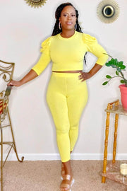 lee monet Puff Sleeve Crop Chill Set (Yellow)