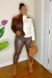 lee monet Why Choose Color-Block Cold Shoulder Sweater (Dk Brown)