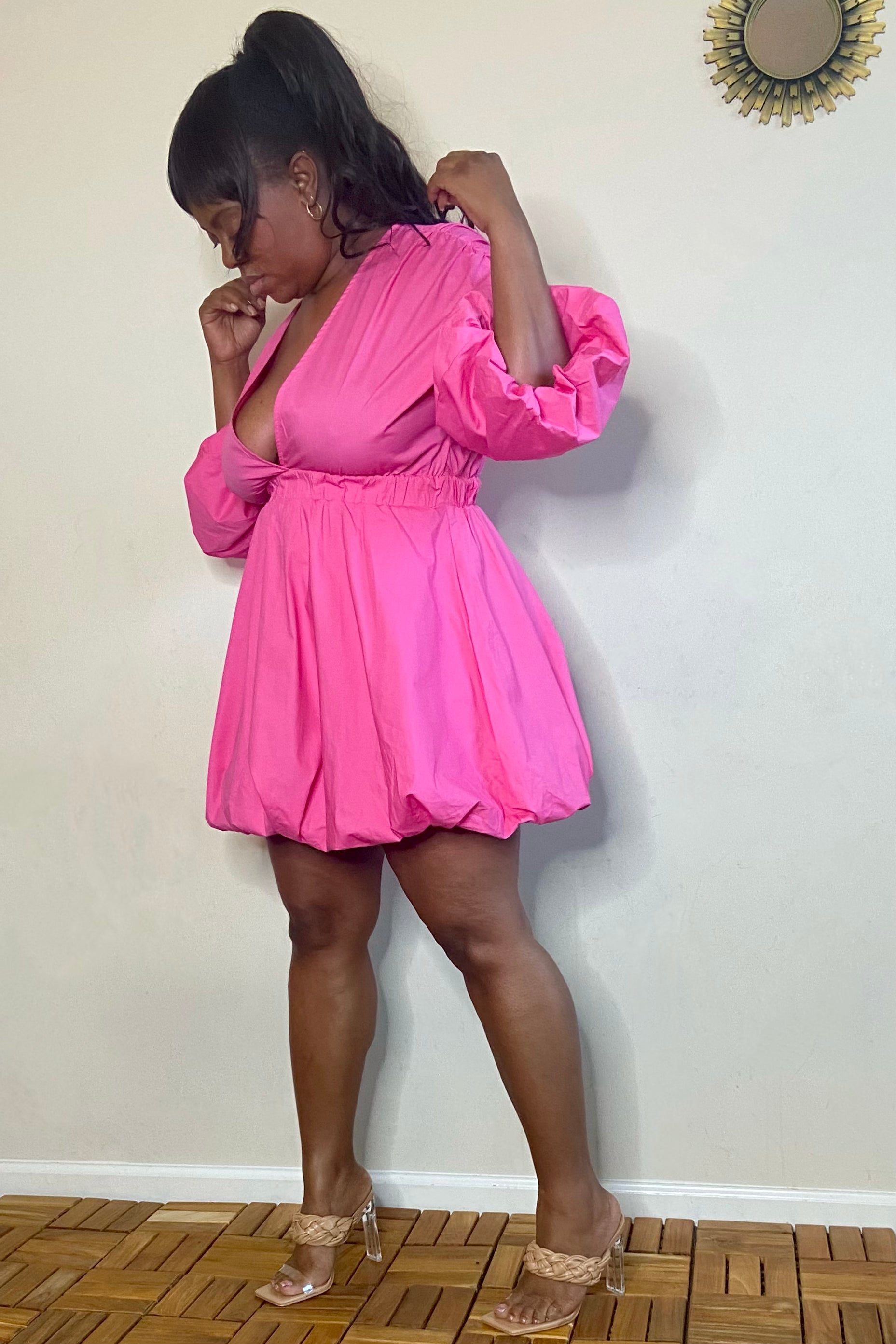 The Sang Penelope Deep V Bubble-Hem Mini Dress (Pink)