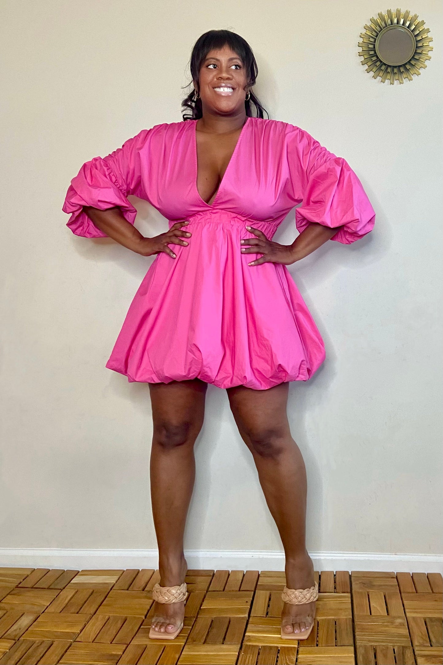 Penelope Deep V Bubble-Hem Mini Dress (Pink)- Final Sale – lee monet Penelope Deep V Bubble-Hem Mini Dress (Pink)- Final Sale – lee monet